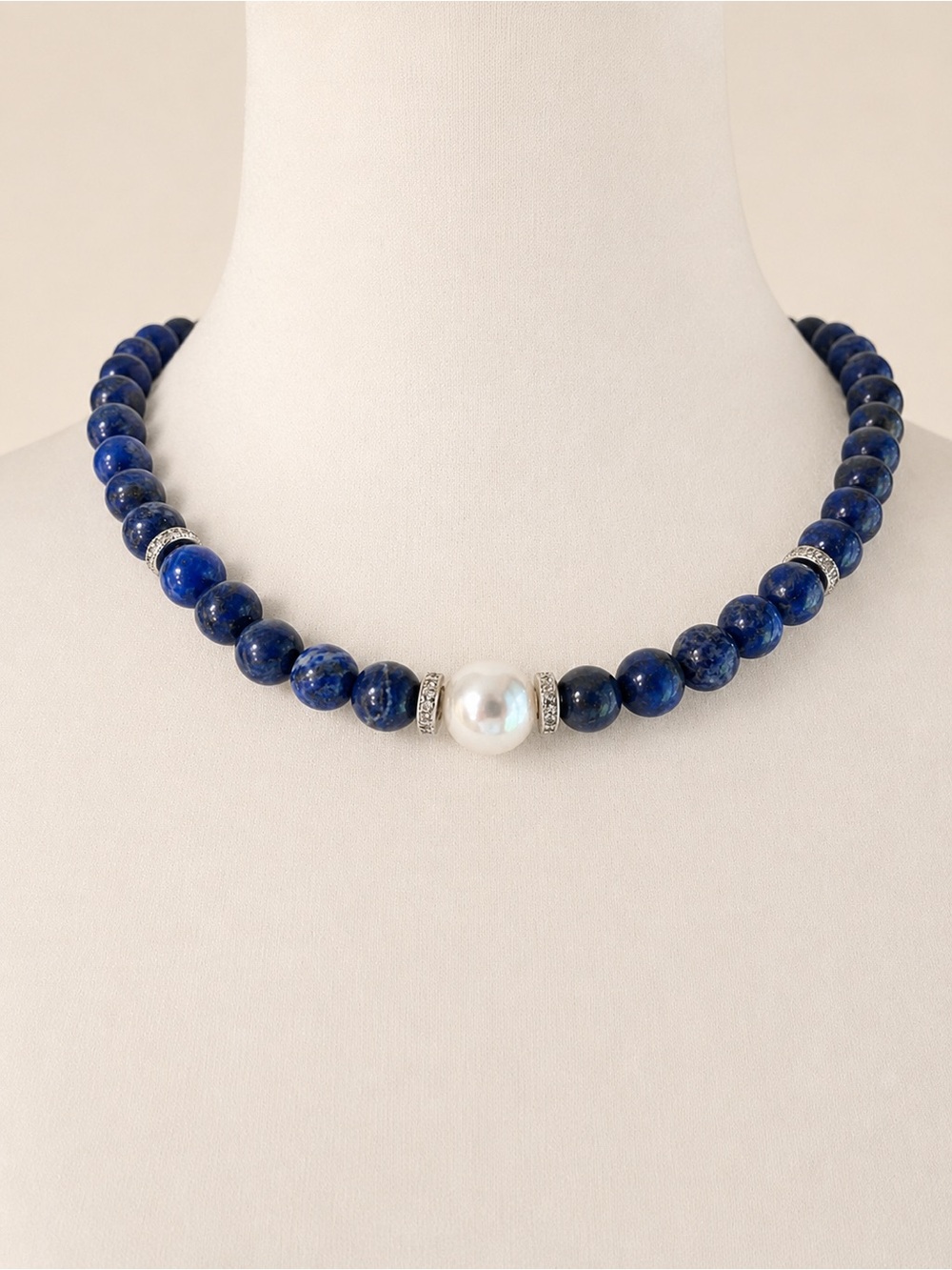 Lapis Bead Necklace with Center Pearl and Crystal Spacers